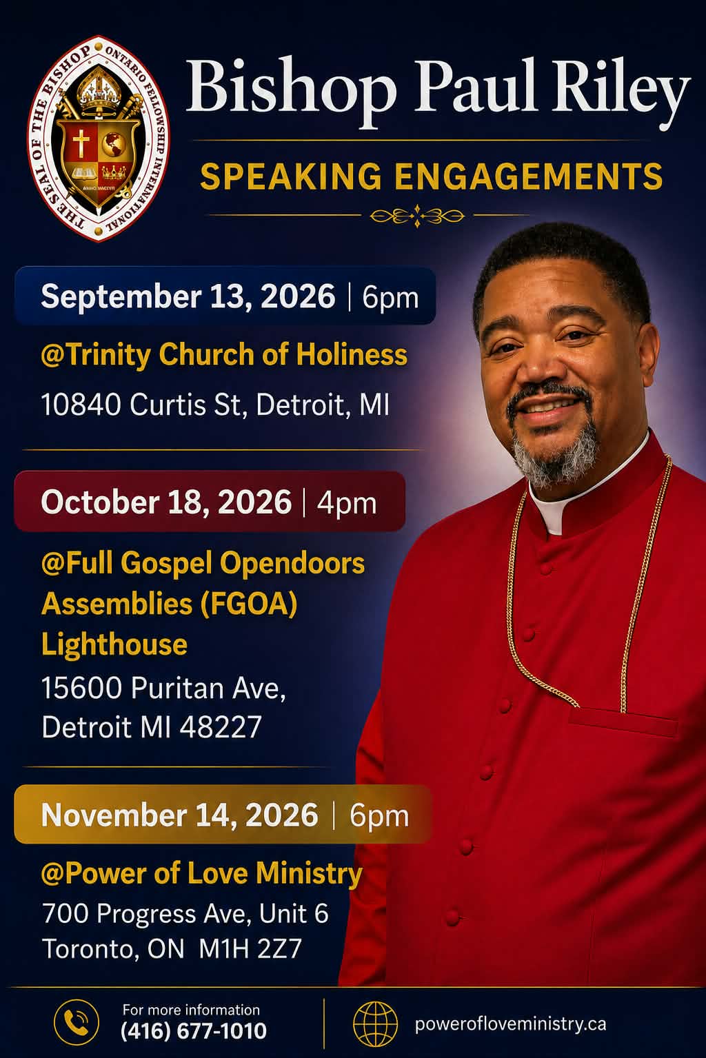 Bishop Paul Riley Itinerary